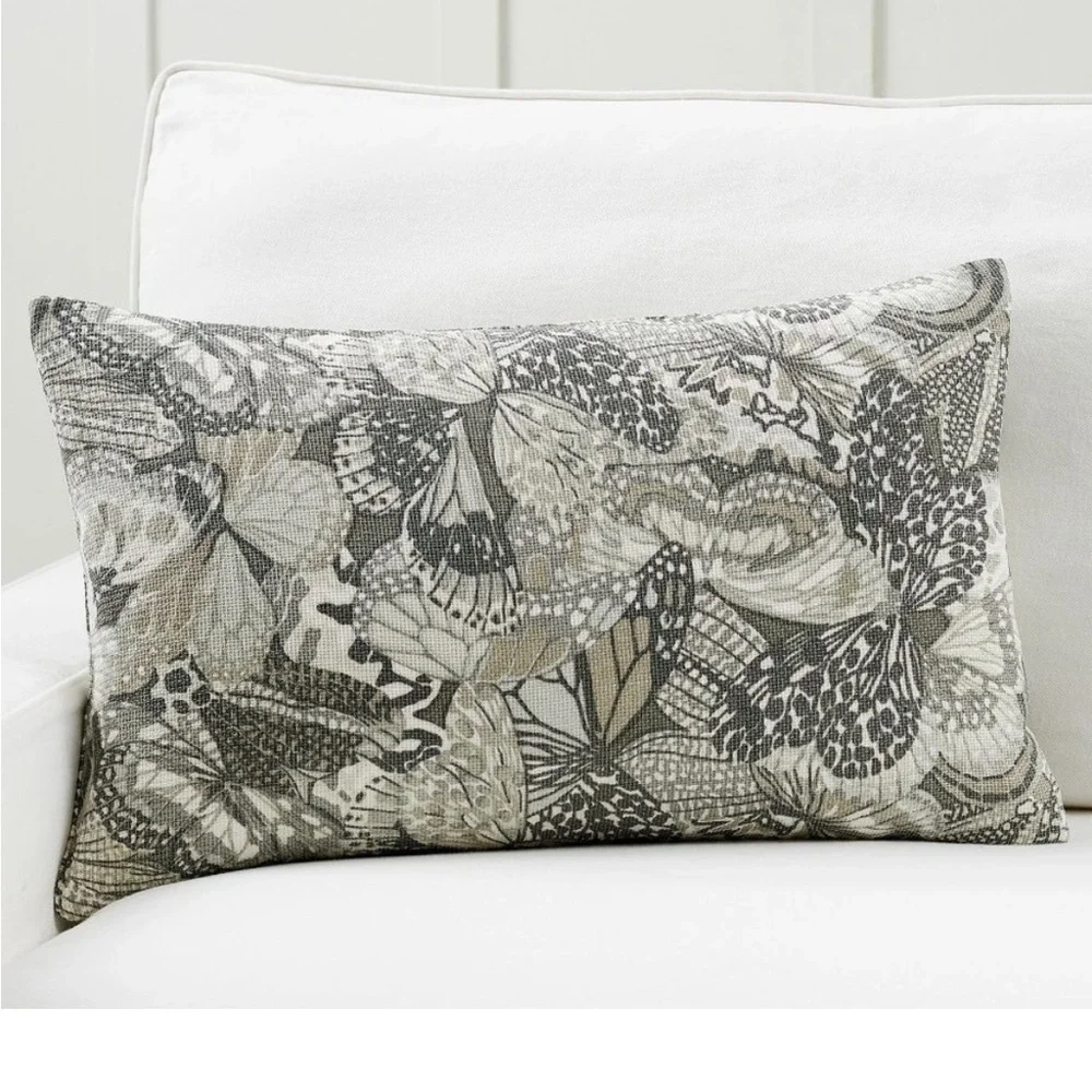 Pottery Barn Butterfly Wing Cotton Linen Textured Lumbar Pillow Cover Set Gray